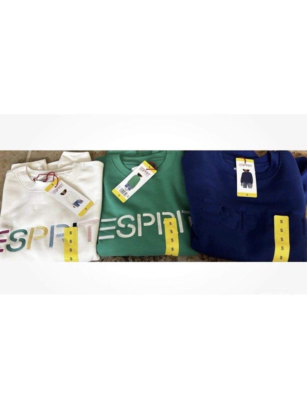 NWT  Esprit Logo SMALL Fleece Crewneck Sweatshirt  Cream Blue Green 80's